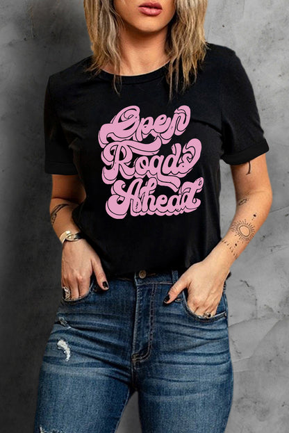 Round Neck Short Sleeve OPEN ROADS AHEAD Graphic Tee